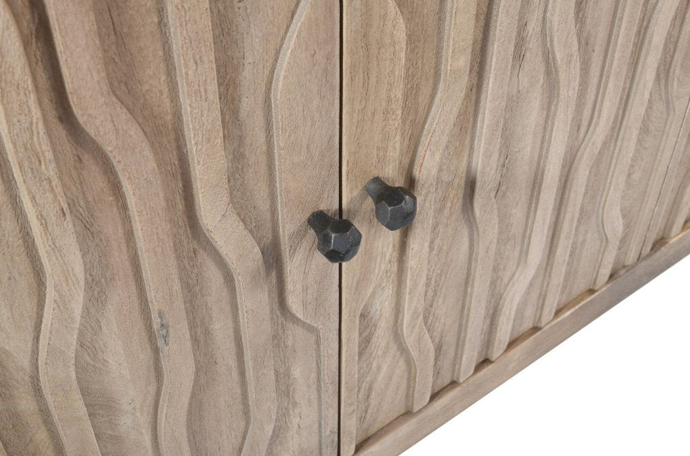 92" Ivory Distressed Reclaimed Wood Carved Geometric Sideboard With Six Doors HomeRoots