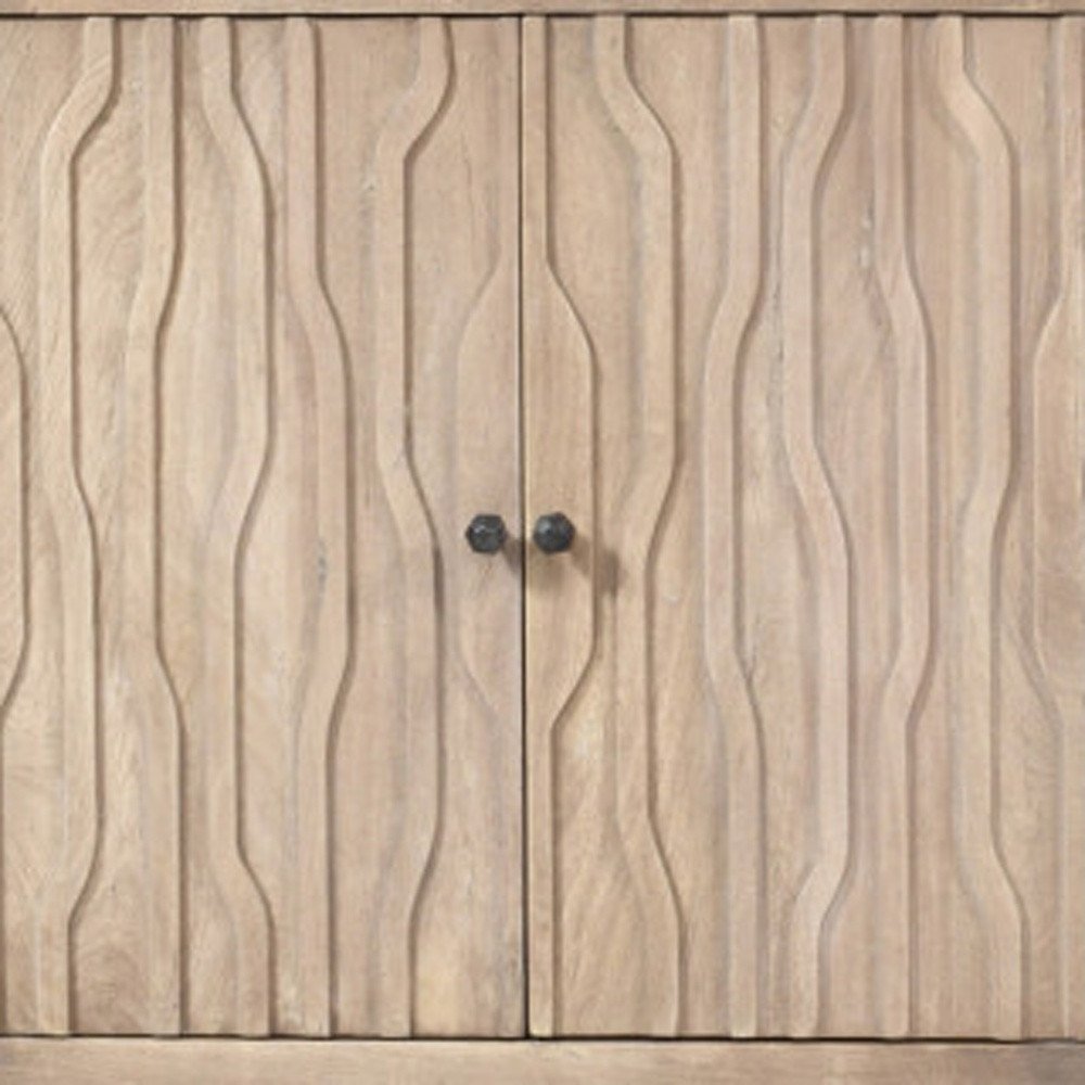 92" Ivory Distressed Reclaimed Wood Carved Geometric Sideboard With Six Doors HomeRoots