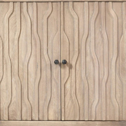 92" Ivory Distressed Reclaimed Wood Carved Geometric Sideboard With Six Doors HomeRoots