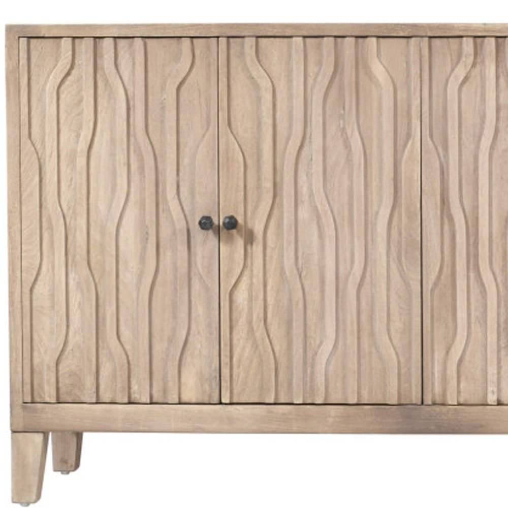 92" Ivory Distressed Reclaimed Wood Carved Geometric Sideboard With Six Doors HomeRoots