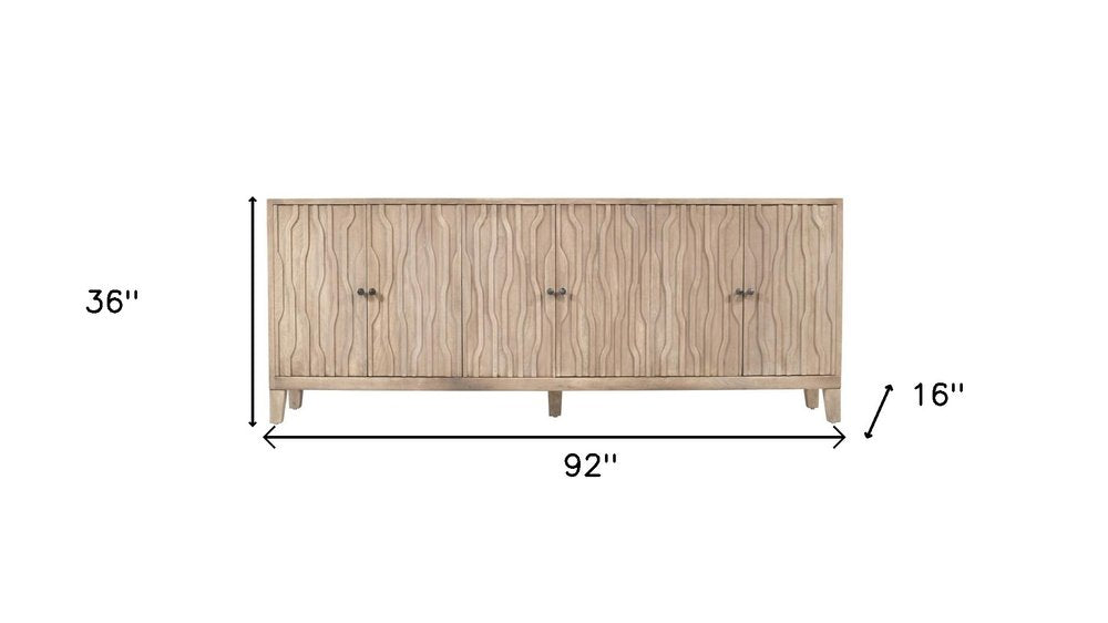 92" Ivory Distressed Reclaimed Wood Carved Geometric Sideboard With Six Doors HomeRoots