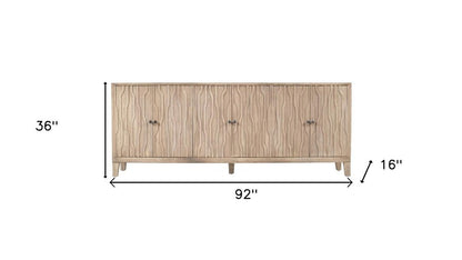 92" Ivory Distressed Reclaimed Wood Carved Geometric Sideboard With Six Doors HomeRoots