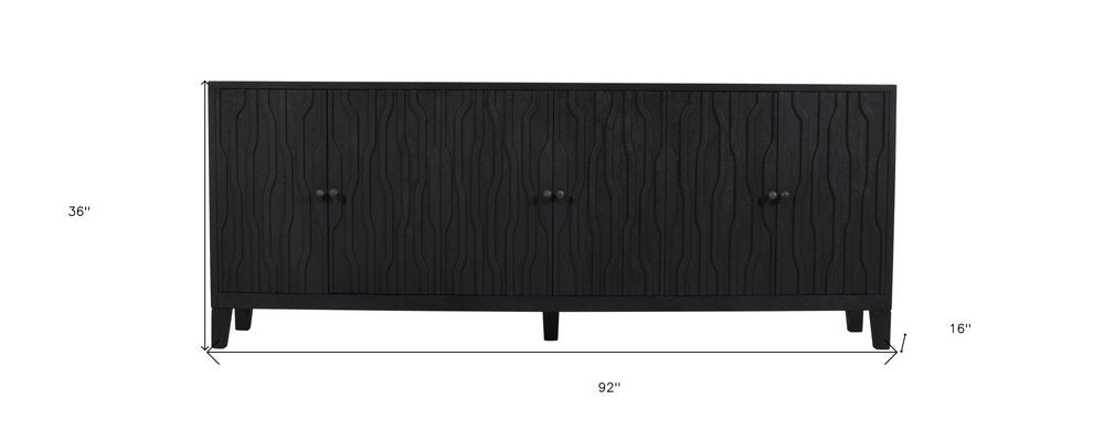 92" Graphite Distressed Reclaimed Wood Carved Geometric Sideboard With Six Doors HomeRoots