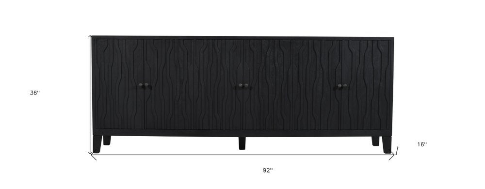 92" Graphite Distressed Reclaimed Wood Carved Geometric Sideboard With Six Doors HomeRoots