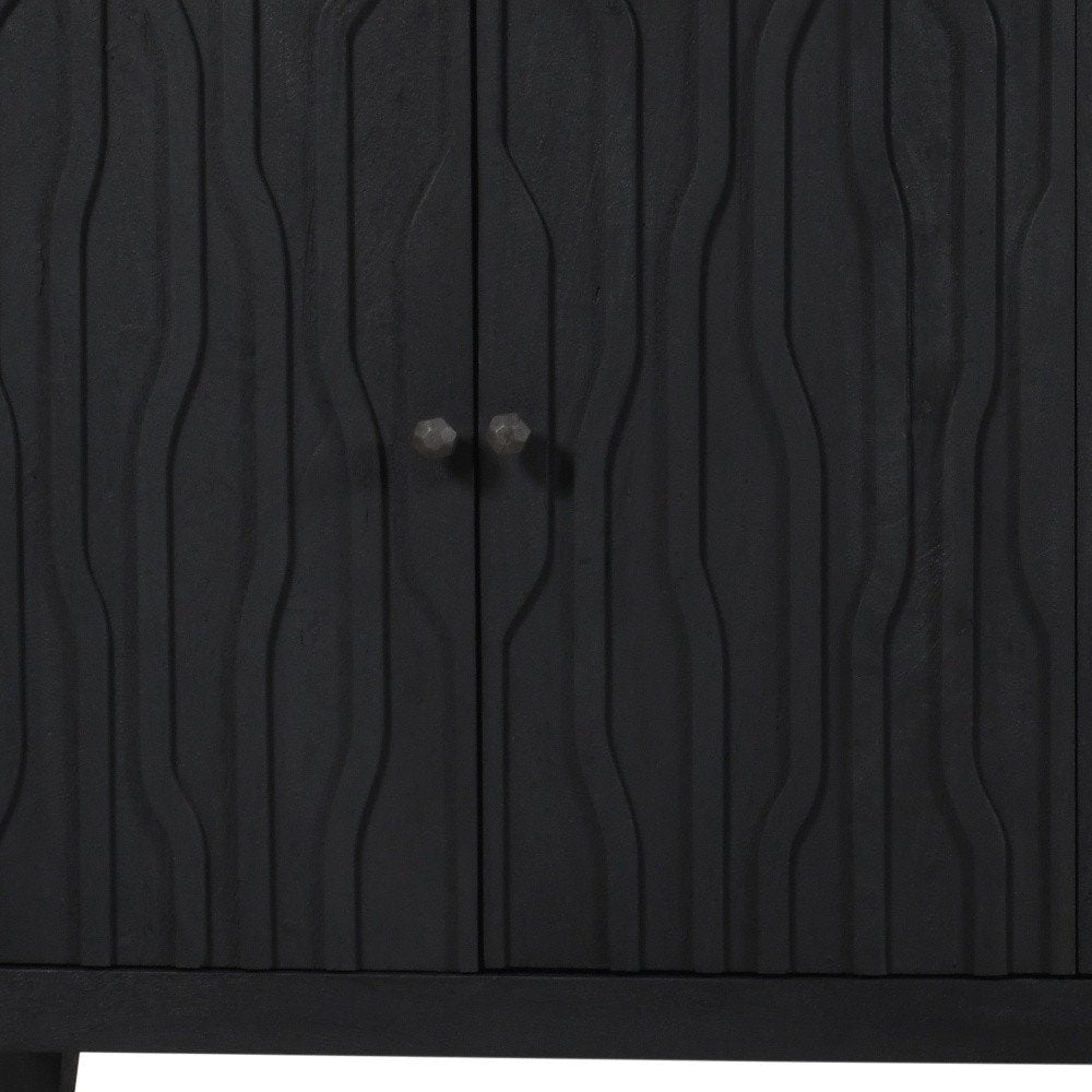 92" Graphite Distressed Reclaimed Wood Carved Geometric Sideboard With Six Doors HomeRoots