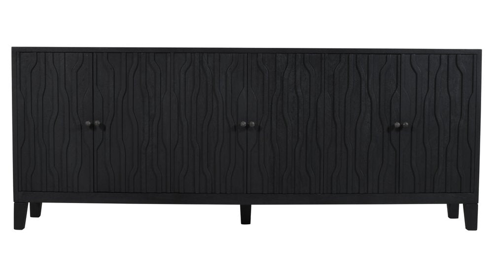 92" Graphite Distressed Reclaimed Wood Carved Geometric Sideboard With Six Doors HomeRoots