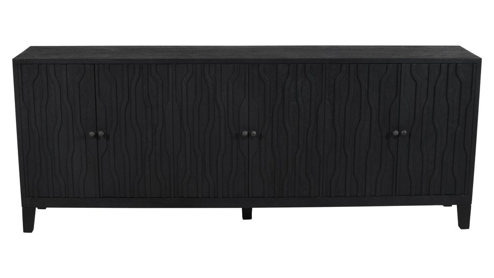 92" Graphite Distressed Reclaimed Wood Carved Geometric Sideboard With Six Doors HomeRoots