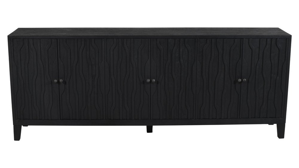 92" Graphite Distressed Reclaimed Wood Carved Geometric Sideboard With Six Doors HomeRoots
