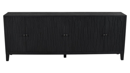 92" Graphite Distressed Reclaimed Wood Carved Abstract Sideboard With Six Doors