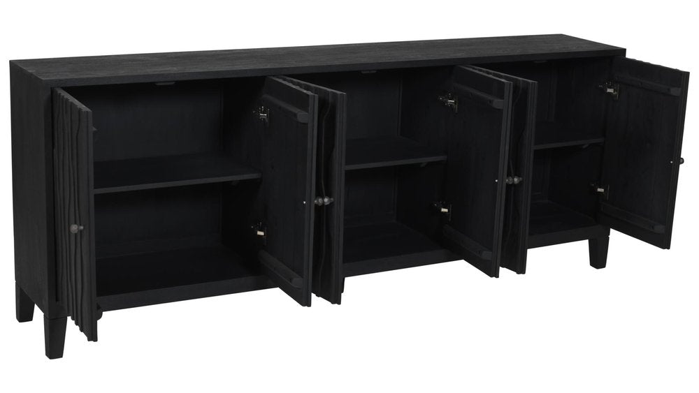 92" Graphite Distressed Reclaimed Wood Carved Geometric Sideboard With Six Doors HomeRoots