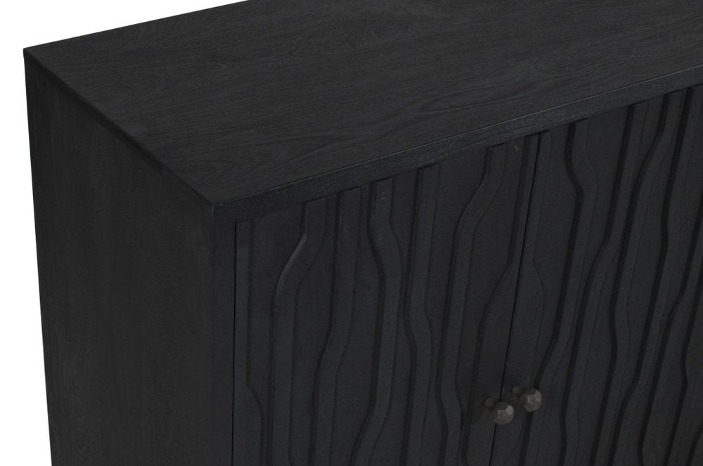 92" Graphite Distressed Reclaimed Wood Carved Geometric Sideboard With Six Doors HomeRoots