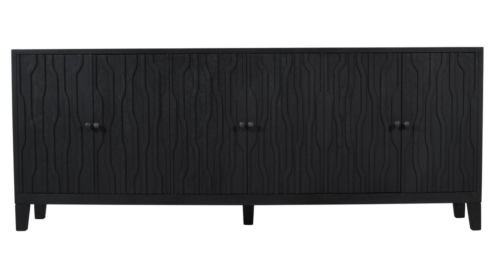 92" Graphite Distressed Reclaimed Wood Carved Geometric Sideboard With Six Doors HomeRoots