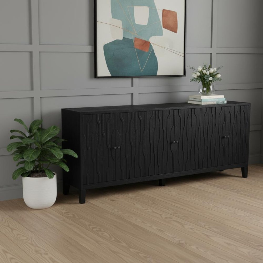 92" Graphite Distressed Reclaimed Wood Carved Geometric Sideboard With Six Doors HomeRoots