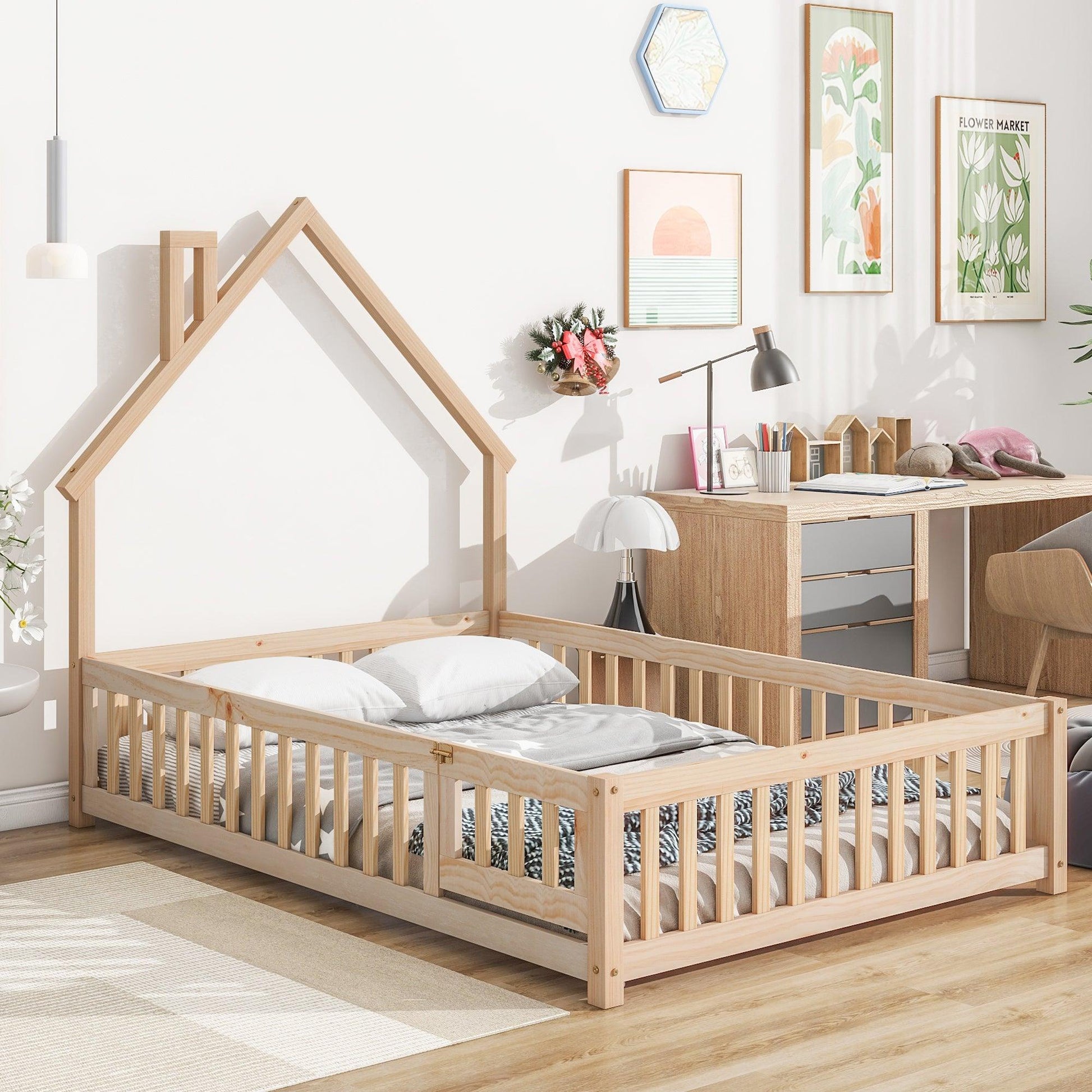 Full House-Shaped Headboard Floor Bed with Fence Natural - FurniFindUSA