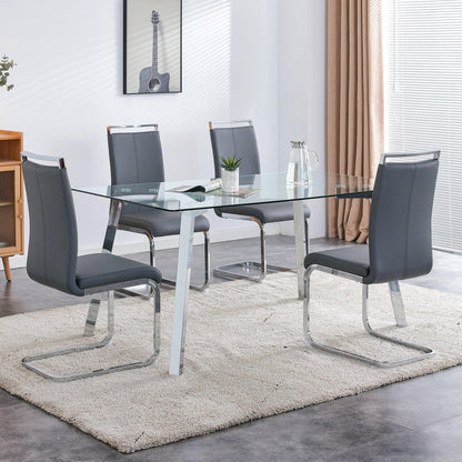 A modern minimalist rectangular glass dining table with tempered glass tabletop and silver metal legs - FurniFindUSA