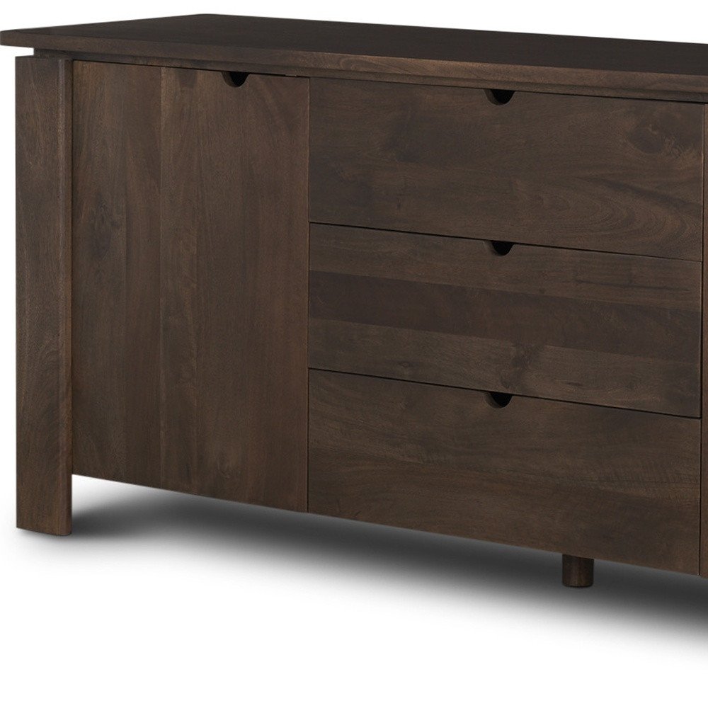 79" Brown Solid Wood Three Drawer Sideboard Soft Close with Two Doors HomeRoots