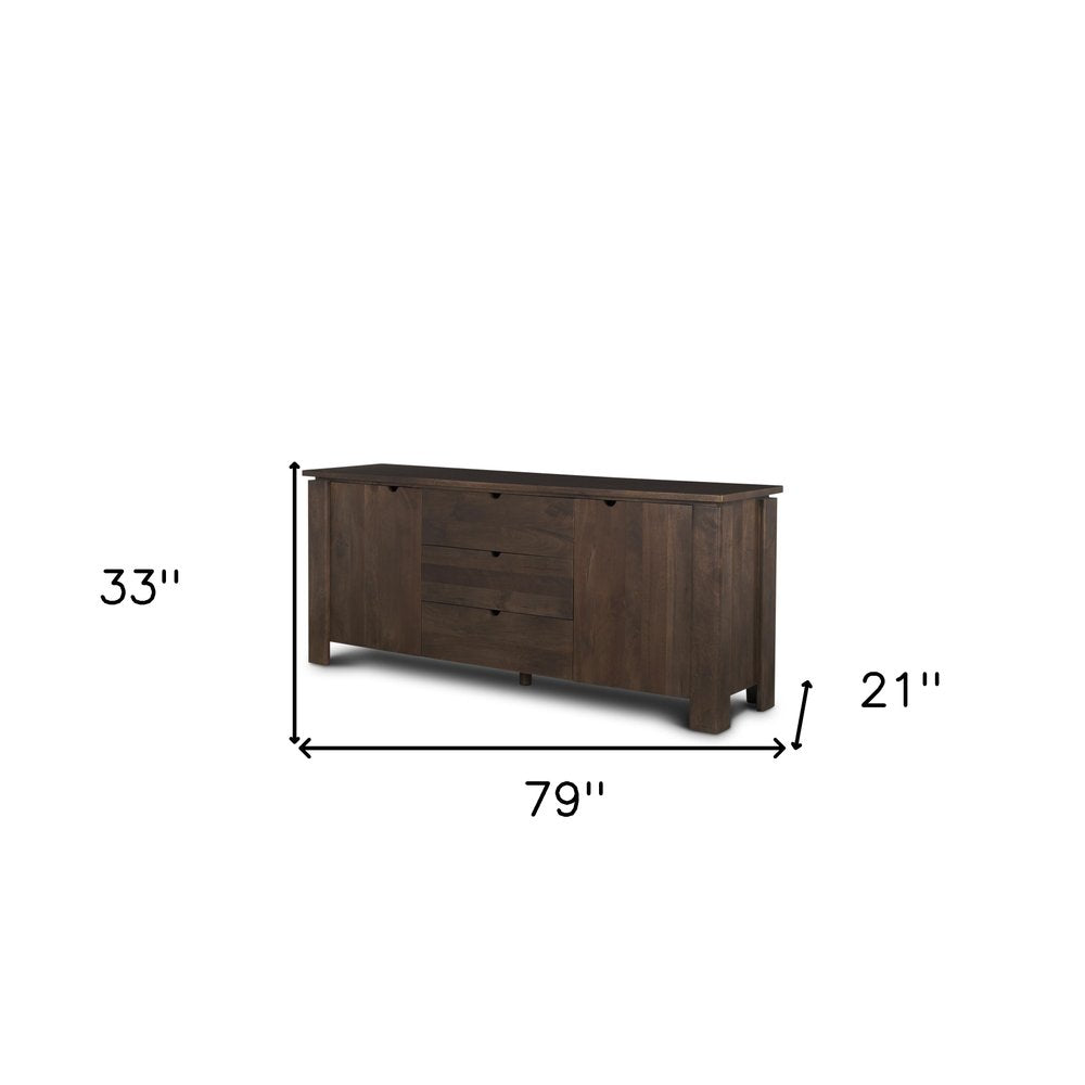 79" Brown Solid Wood Three Drawer Sideboard Soft Close with Two Doors HomeRoots