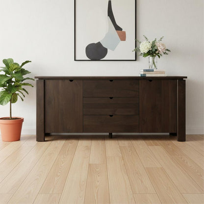 79" Brown Solid Wood Three Drawer Sideboard Soft Close with Two Doors HomeRoots