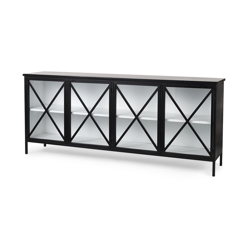 79" Black And White Iron Sideboard Soft Close with Four Glass Doors HomeRoots