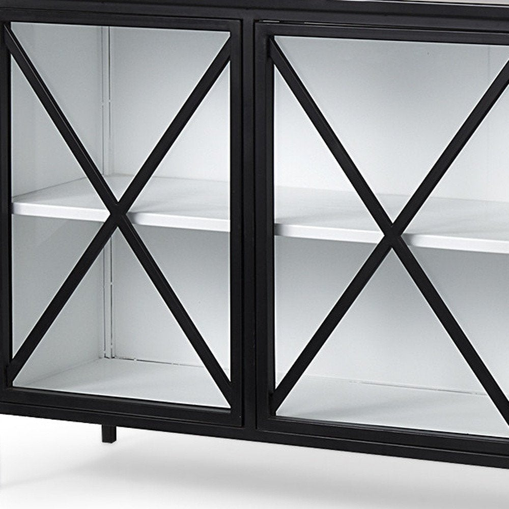 79" Black And White Iron Sideboard Soft Close with Four Glass Doors HomeRoots
