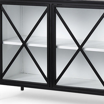 79" Black And White Iron Sideboard Soft Close with Four Glass Doors HomeRoots