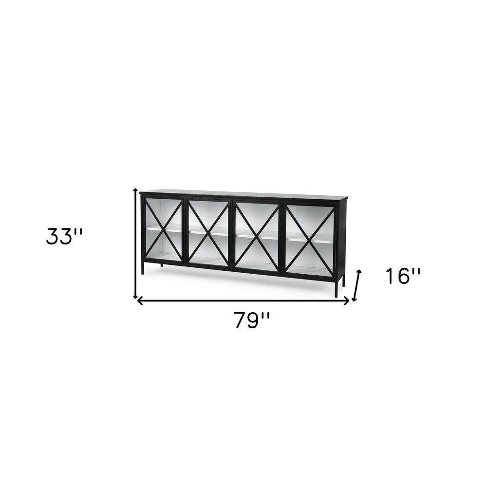 79" Black And White Iron Sideboard Soft Close with Four Glass Doors HomeRoots