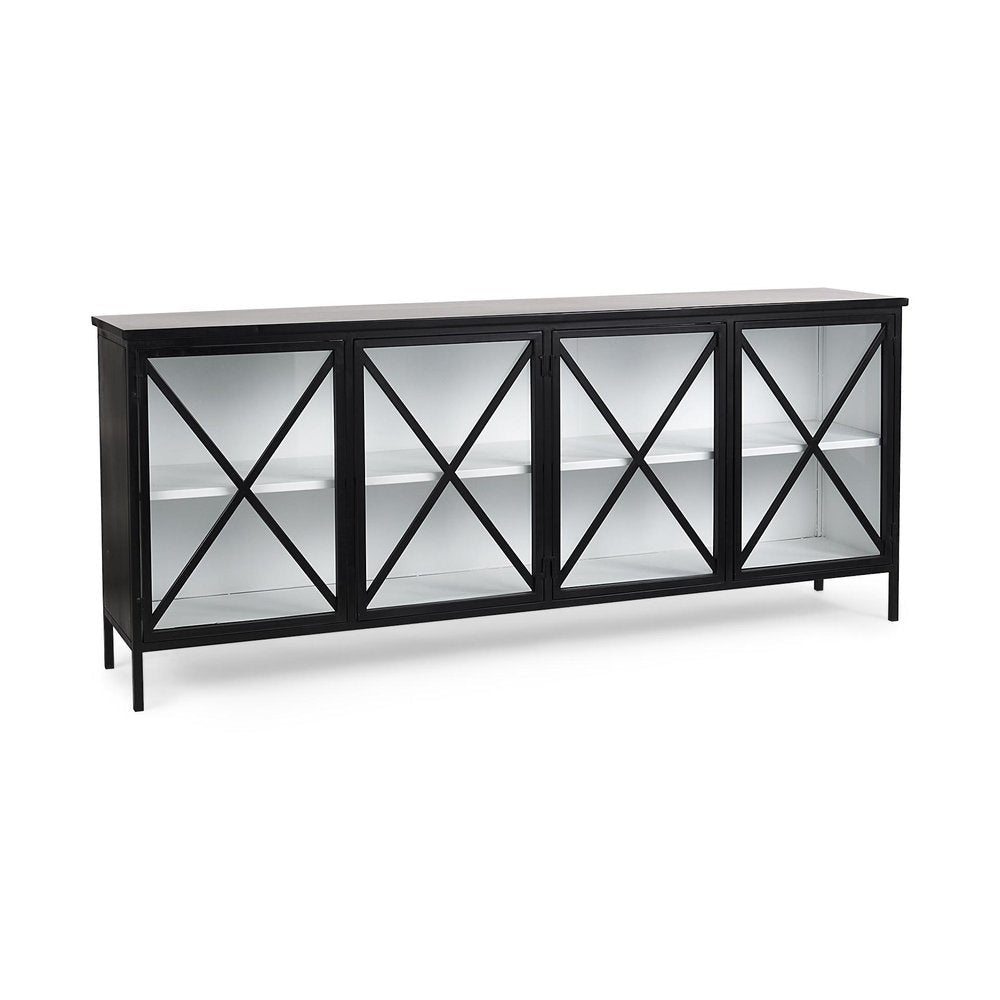 79" Black And White Iron Sideboard Soft Close with Four Glass Doors HomeRoots