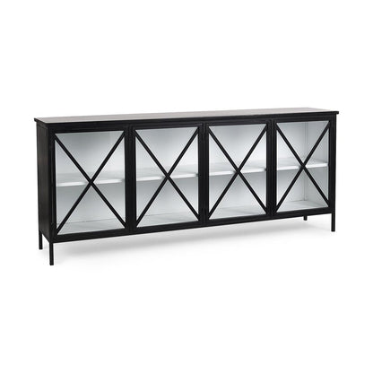 79" Black And White Iron Sideboard Soft Close with Four Glass Doors HomeRoots