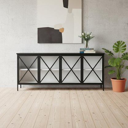 79" Black And White Iron Sideboard Soft Close with Four Glass Doors HomeRoots