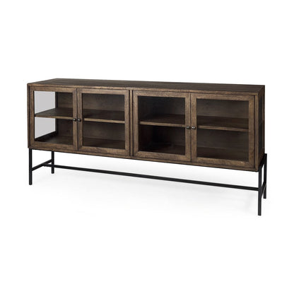 70" Black And Brown Solid Wood Sideboard Soft Close with Four Glass Doors HomeRoots