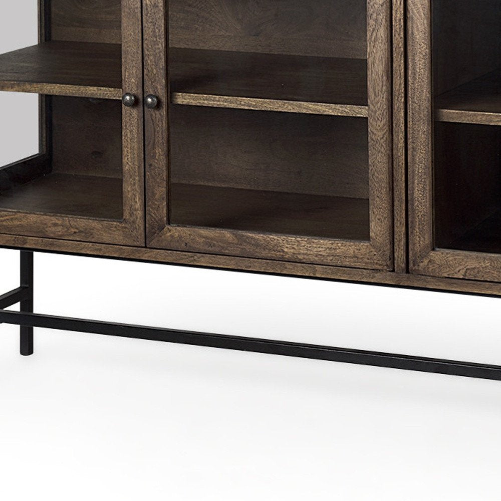 70" Black And Brown Solid Wood Sideboard Soft Close with Four Glass Doors HomeRoots