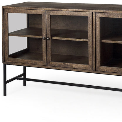 70" Black And Brown Solid Wood Sideboard Soft Close with Four Glass Doors HomeRoots