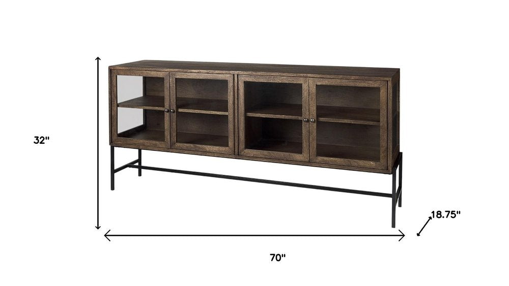 70" Black And Brown Solid Wood Sideboard Soft Close with Four Glass Doors HomeRoots