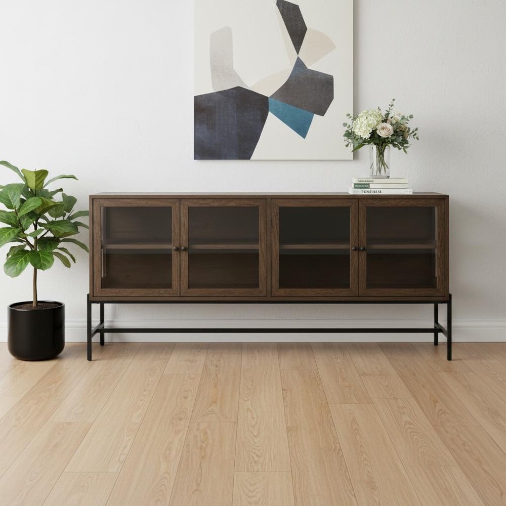 70" Black And Brown Solid Wood Sideboard Soft Close with Four Glass Doors HomeRoots
