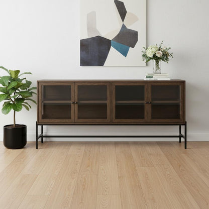 70" Black And Brown Solid Wood Sideboard Soft Close with Four Glass Doors HomeRoots