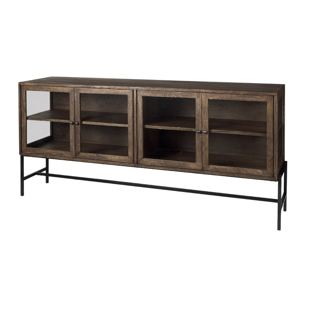 70" Black And Brown Solid Wood Sideboard Soft Close with Four Glass Doors HomeRoots