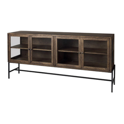 70" Black And Brown Solid Wood Sideboard Soft Close with Four Glass Doors HomeRoots
