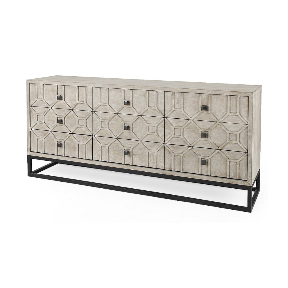 70" Light Brown Wood Carved Geometric Nine Drawer Sideboard HomeRoots