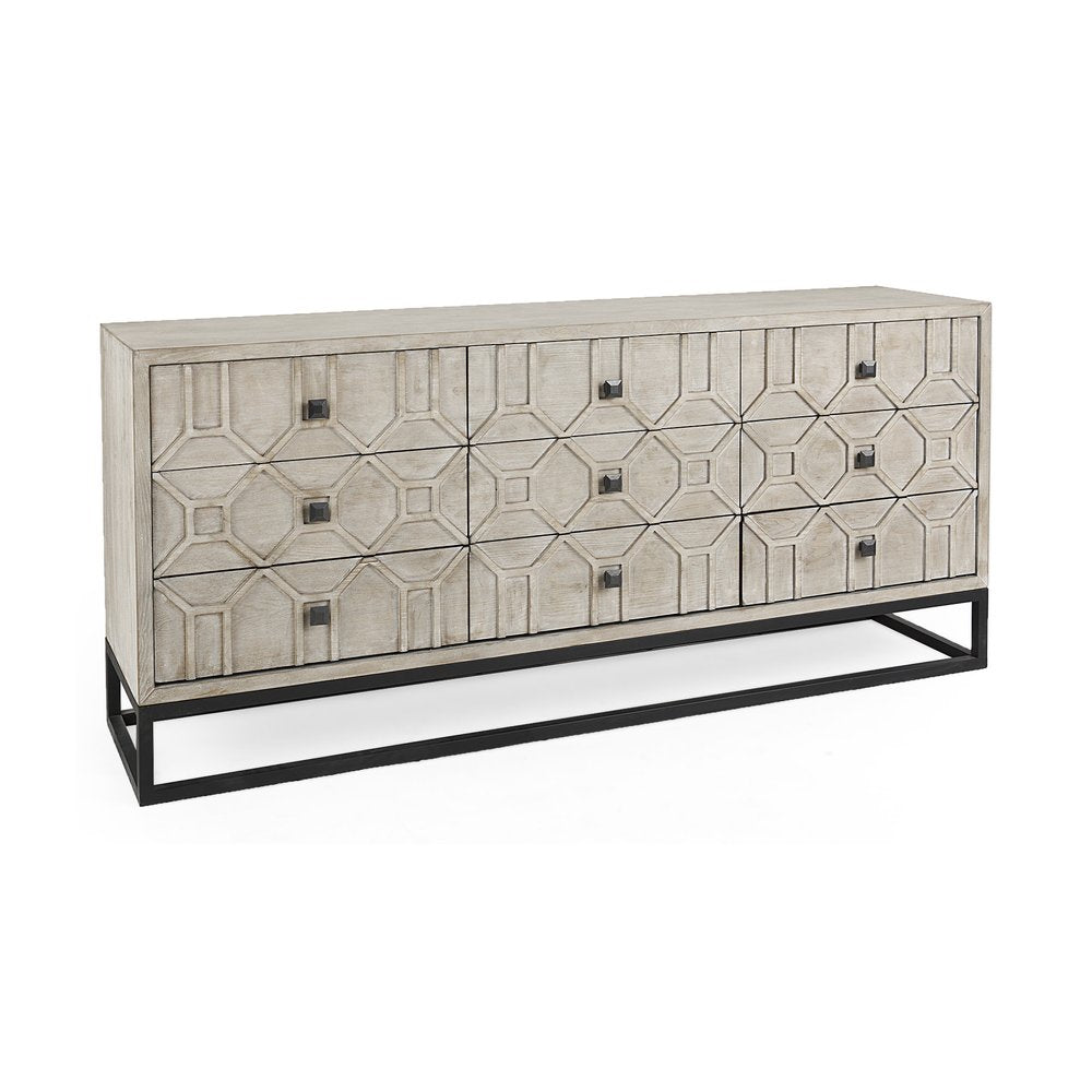 70" Light Brown Wood Carved Geometric Nine Drawer Sideboard HomeRoots