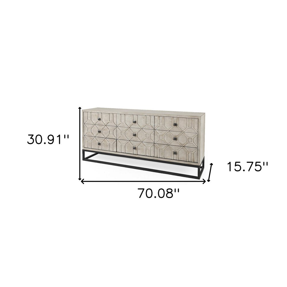 70" Light Brown Wood Carved Geometric Nine Drawer Sideboard HomeRoots