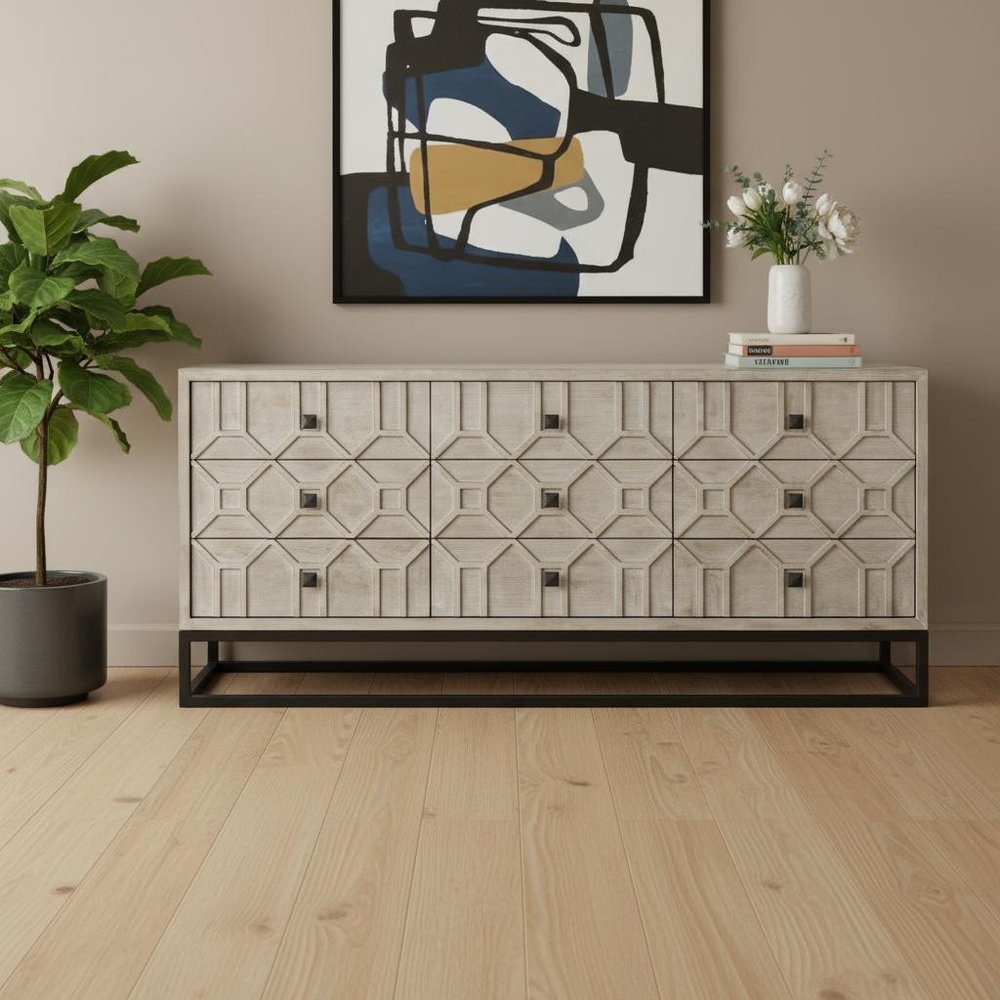 70" Light Brown Wood Carved Geometric Nine Drawer Sideboard HomeRoots