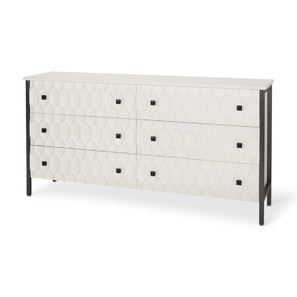 63" Gray And White Wood Carved Geometric Six Drawer Sideboard HomeRoots