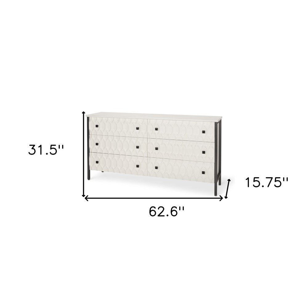 63" Gray And White Wood Carved Geometric Six Drawer Sideboard HomeRoots