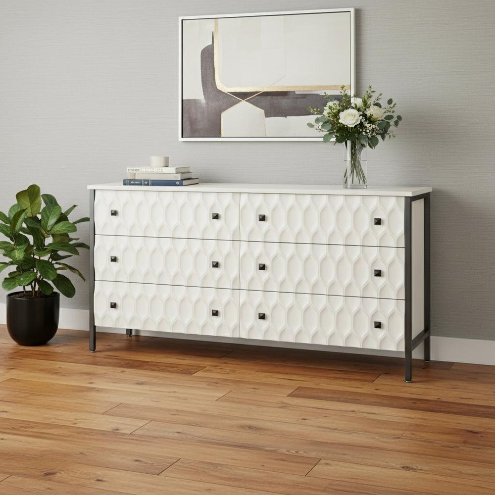 63" Gray And White Wood Carved Geometric Six Drawer Sideboard HomeRoots
