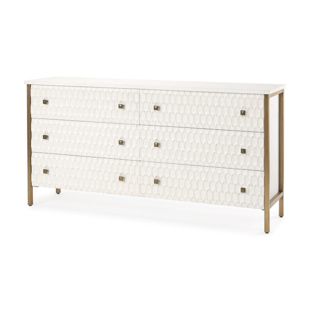 63" Gold And White Wood Carved Geometric Six Drawer Sideboard HomeRoots