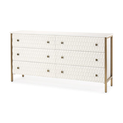 63" Gold And White Wood Carved Geometric Six Drawer Sideboard HomeRoots