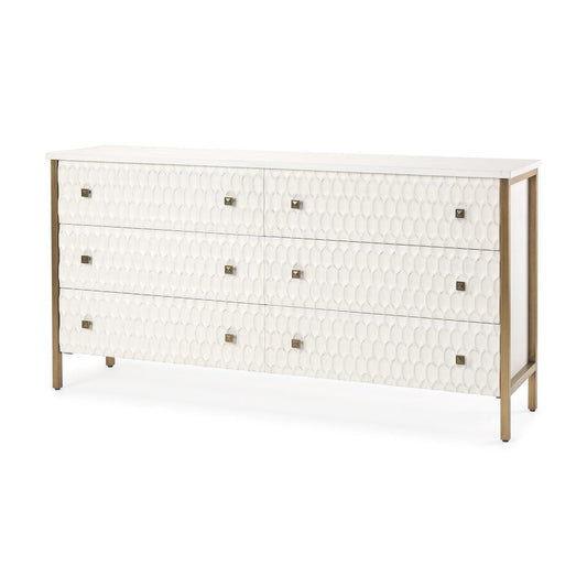 63" Gold And White Wood Carved Geometric Six Drawer Sideboard HomeRoots
