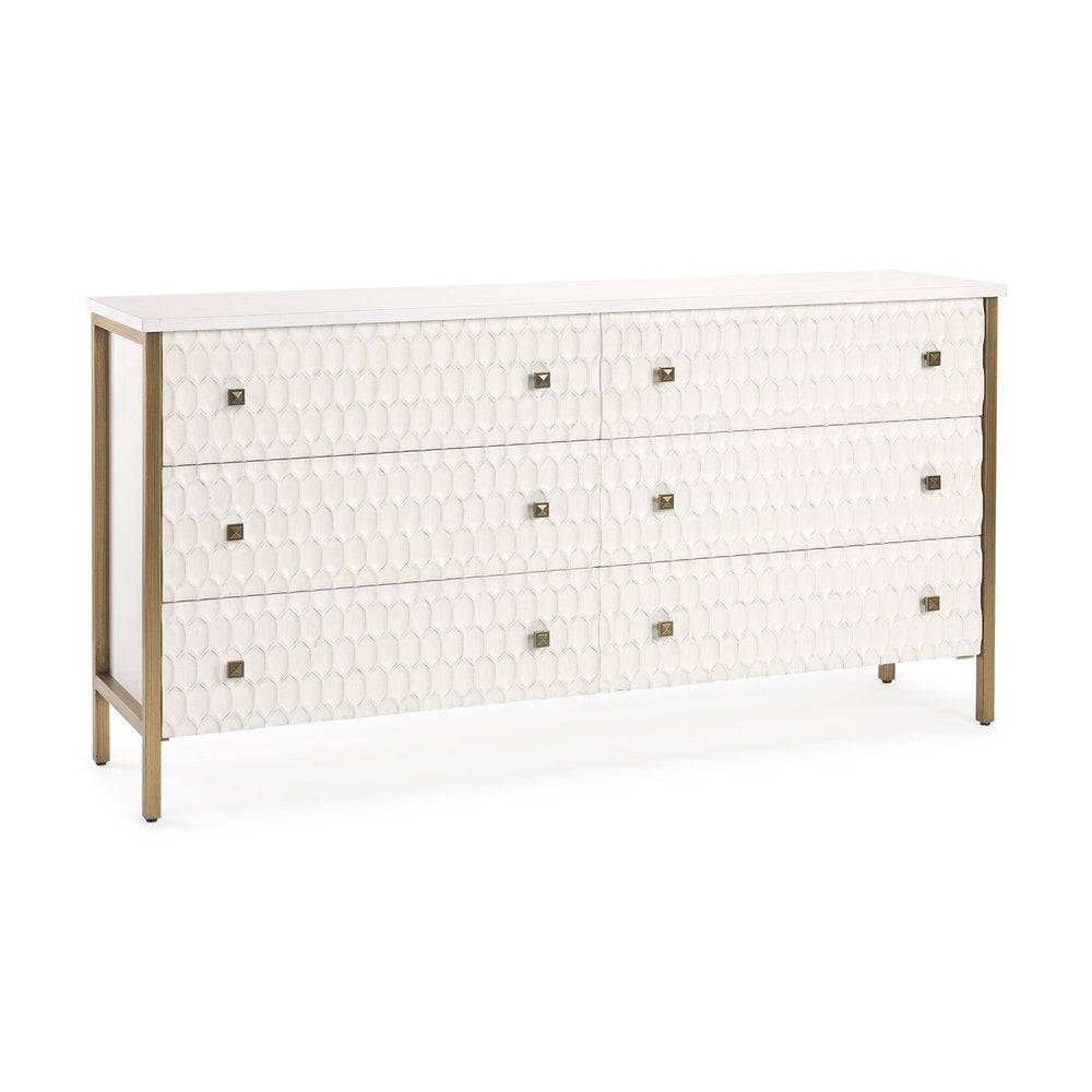 63" Gold And White Wood Carved Geometric Six Drawer Sideboard HomeRoots