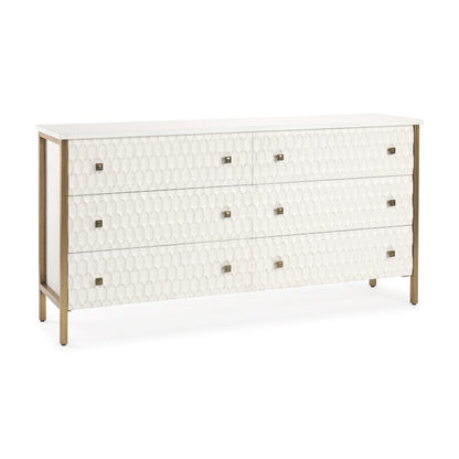 63" Gold And White Wood Carved Geometric Six Drawer Sideboard HomeRoots