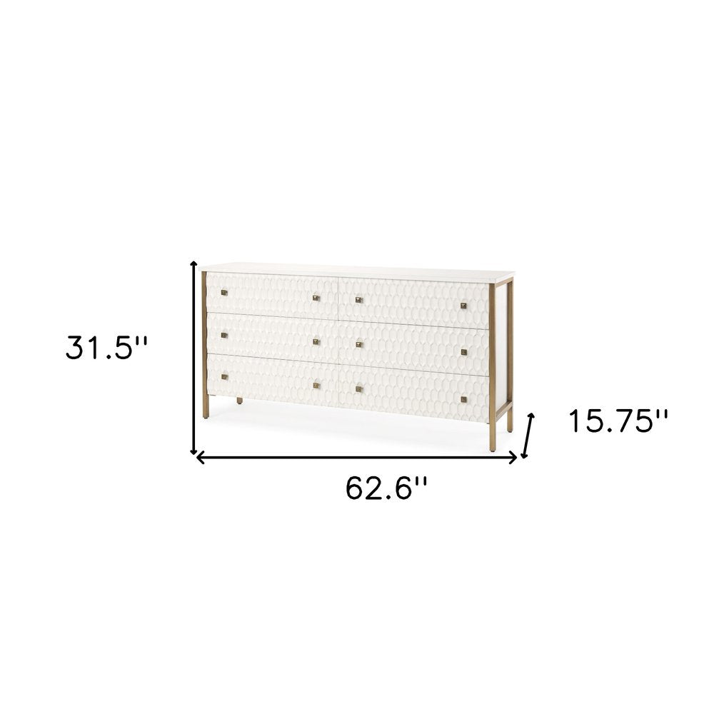 63" Gold And White Wood Carved Geometric Six Drawer Sideboard HomeRoots